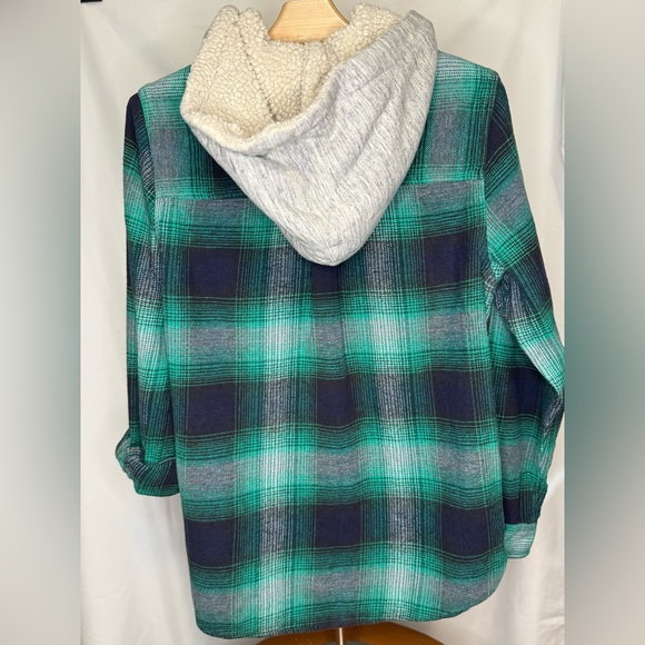 AE Vintage Boyfriend Sherpa Lined Hooded Flannel Jacket Green Plaid Size L - Picture 3 of 9